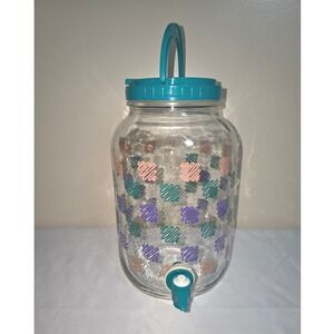 Vtg Rare 90s Style Glass Sun Tea Dispenser Teal Handle Spigot Retro Squiggle Jar